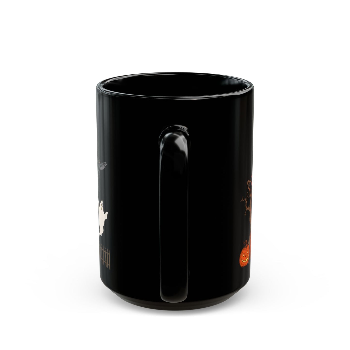 All Hallows Eve Black Coffee Mug (11oz & 15oz) - Spooky Design with Haunted House, Ghost & Moon