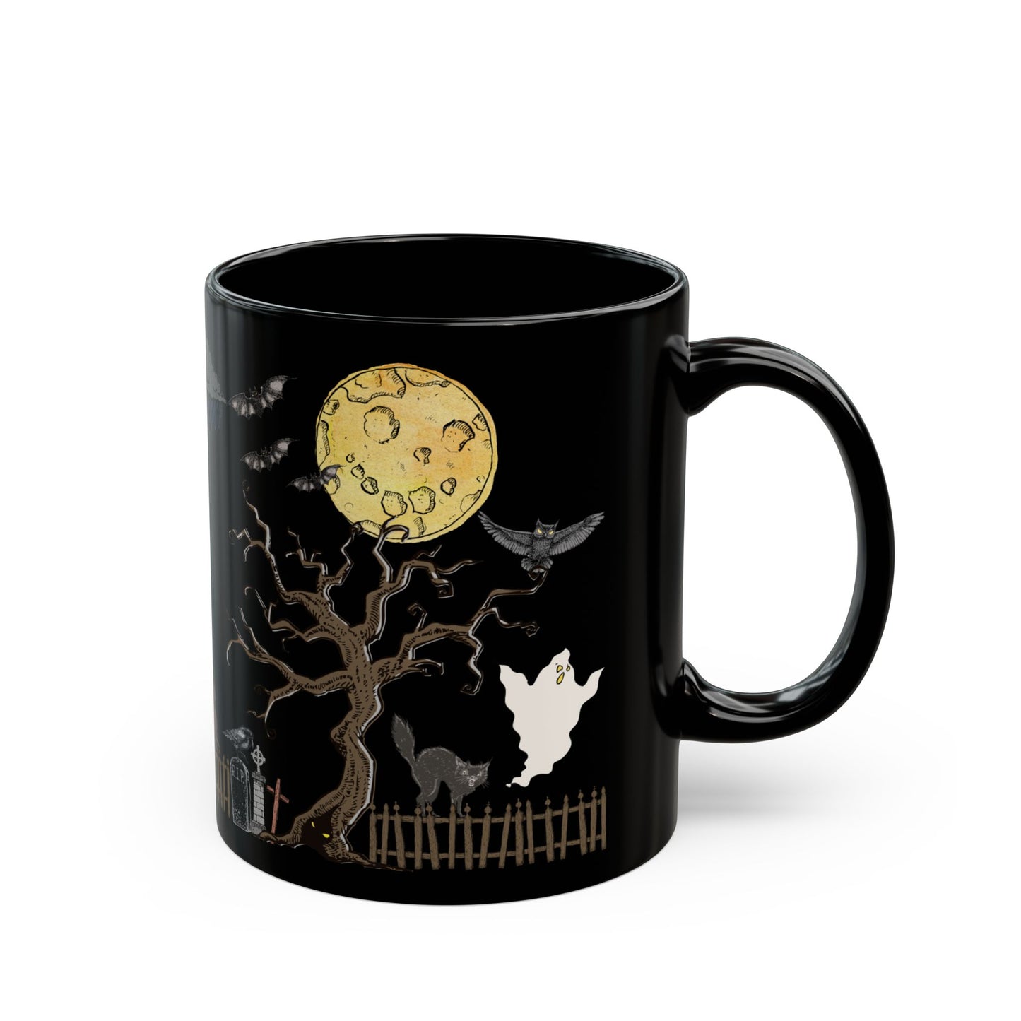 All Hallows Eve Black Coffee Mug (11oz & 15oz) - Spooky Design with Haunted House, Ghost & Moon