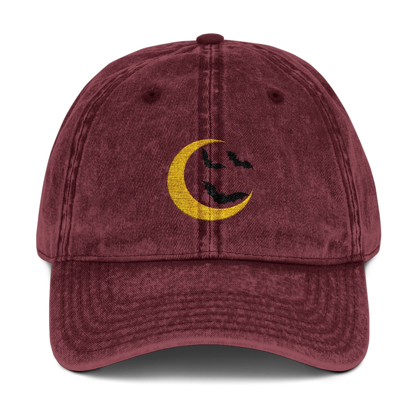 Embroidered Vintage Cap - Crescent Moon and Bats Design