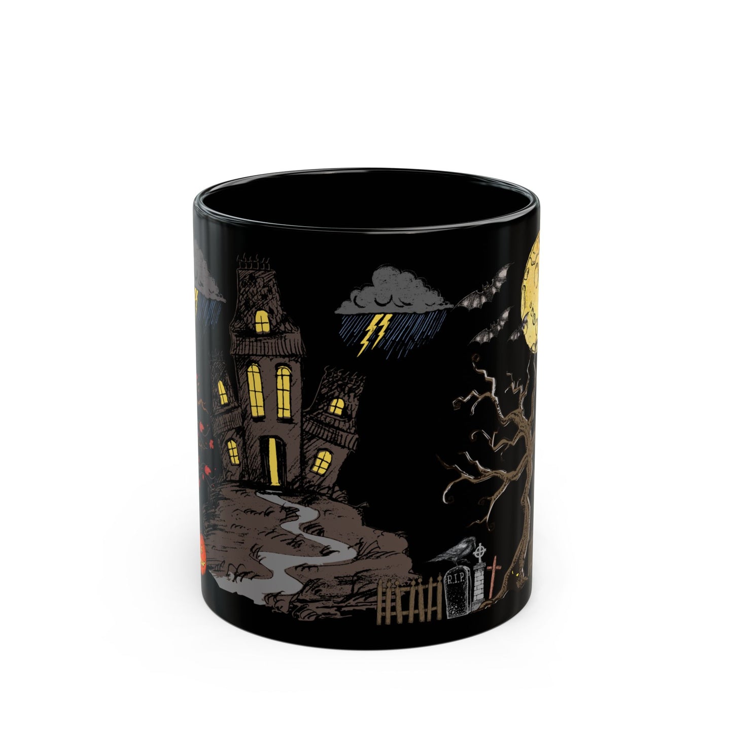 All Hallows Eve Black Coffee Mug (11oz & 15oz) - Spooky Design with Haunted House, Ghost & Moon