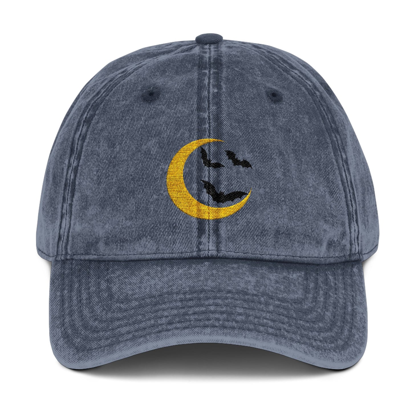 Embroidered Vintage Cap - Crescent Moon and Bats Design