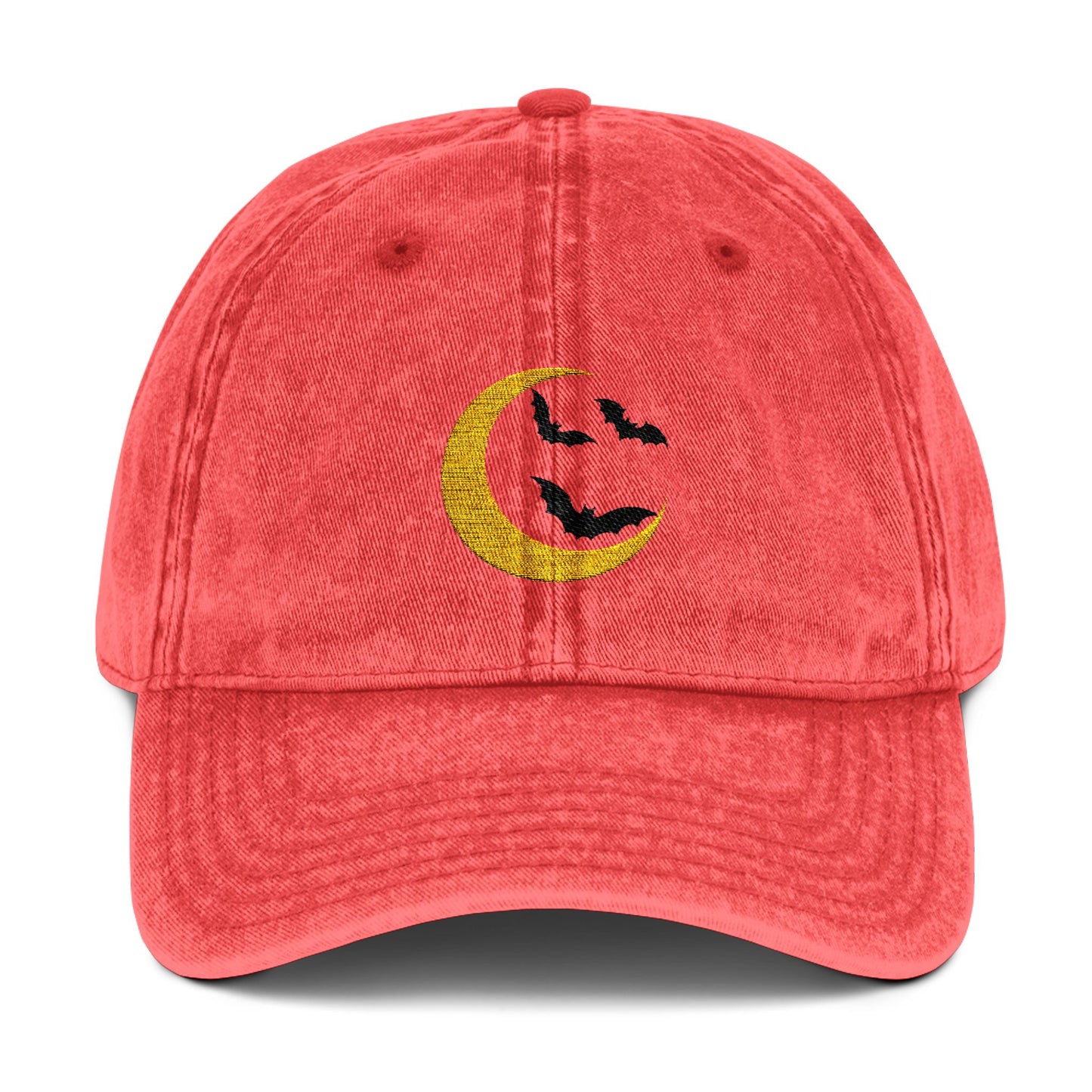 Embroidered Vintage Cap - Crescent Moon and Bats Design