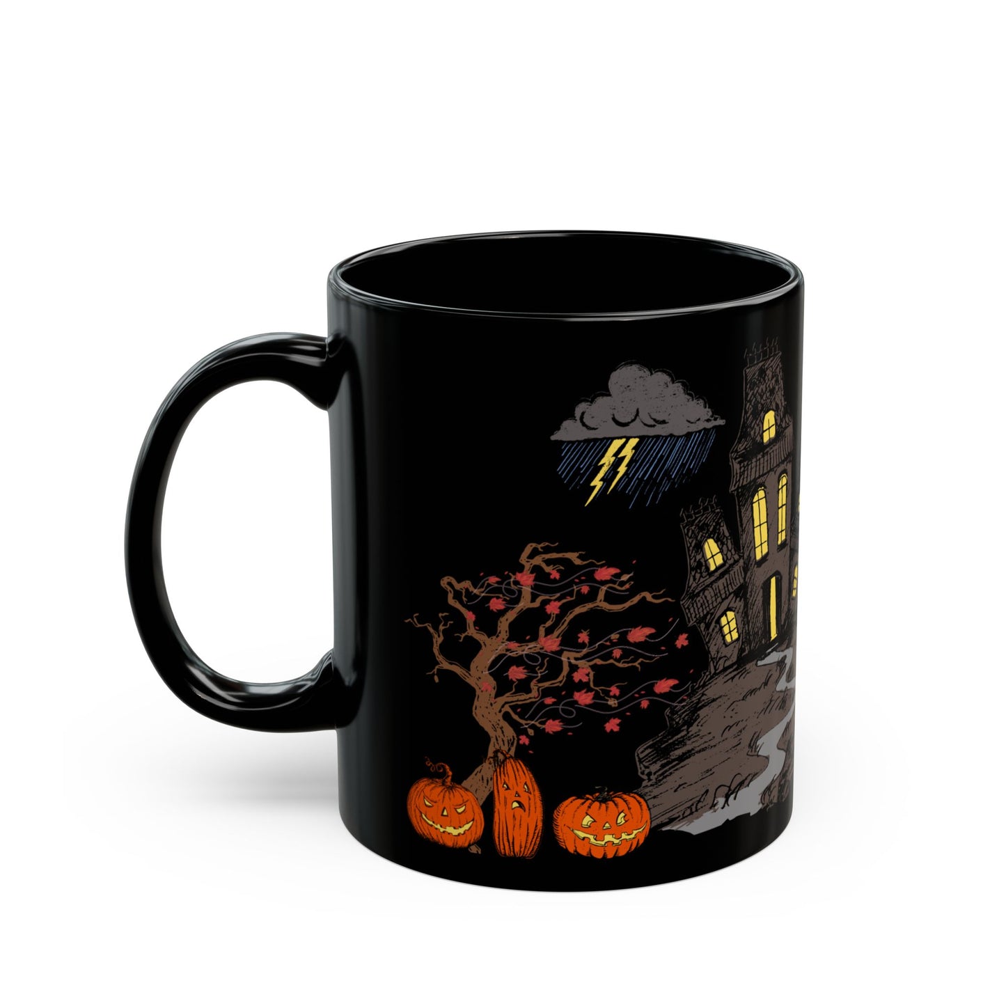All Hallows Eve Black Coffee Mug (11oz & 15oz) - Spooky Design with Haunted House, Ghost & Moon