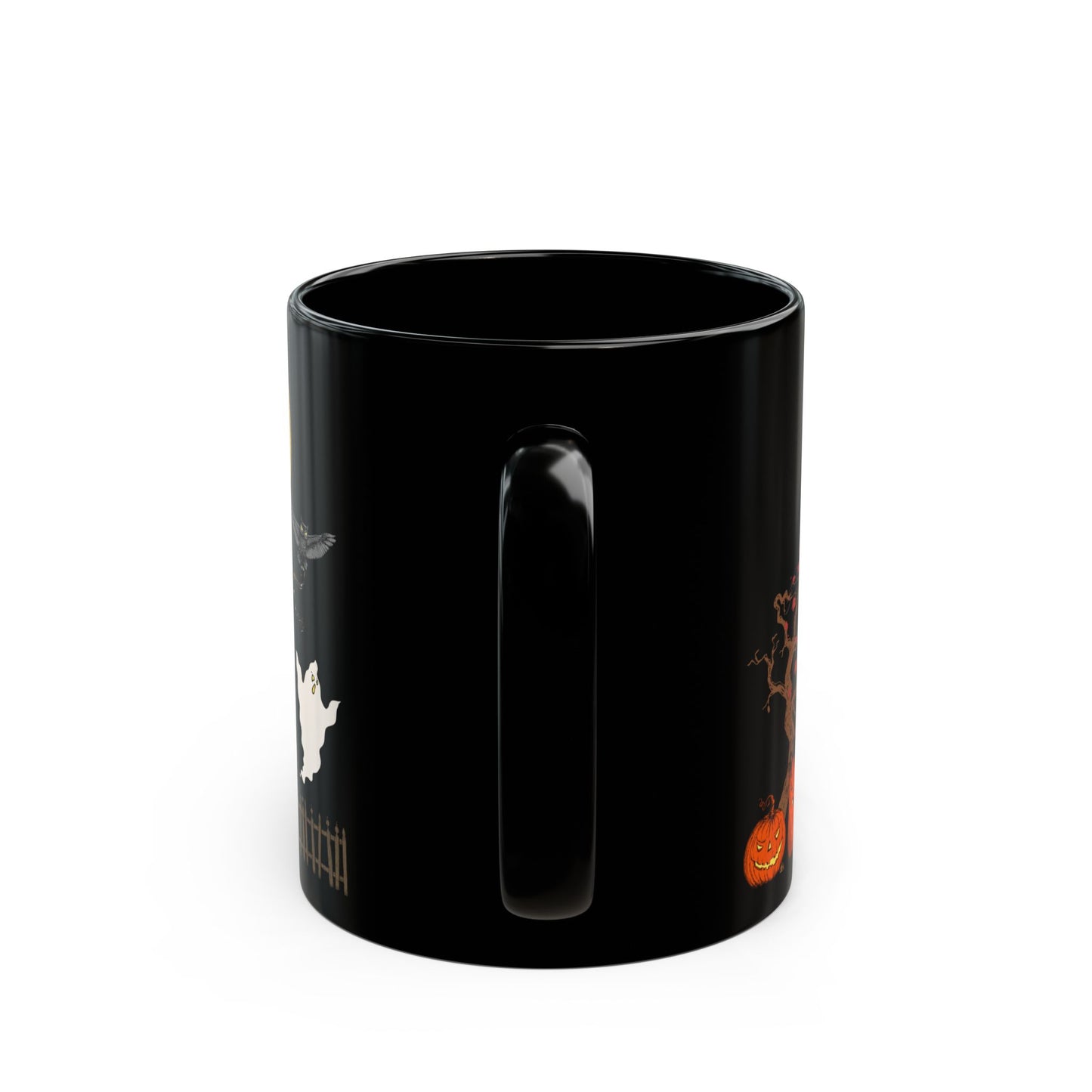 All Hallows Eve Black Coffee Mug (11oz & 15oz) - Spooky Design with Haunted House, Ghost & Moon
