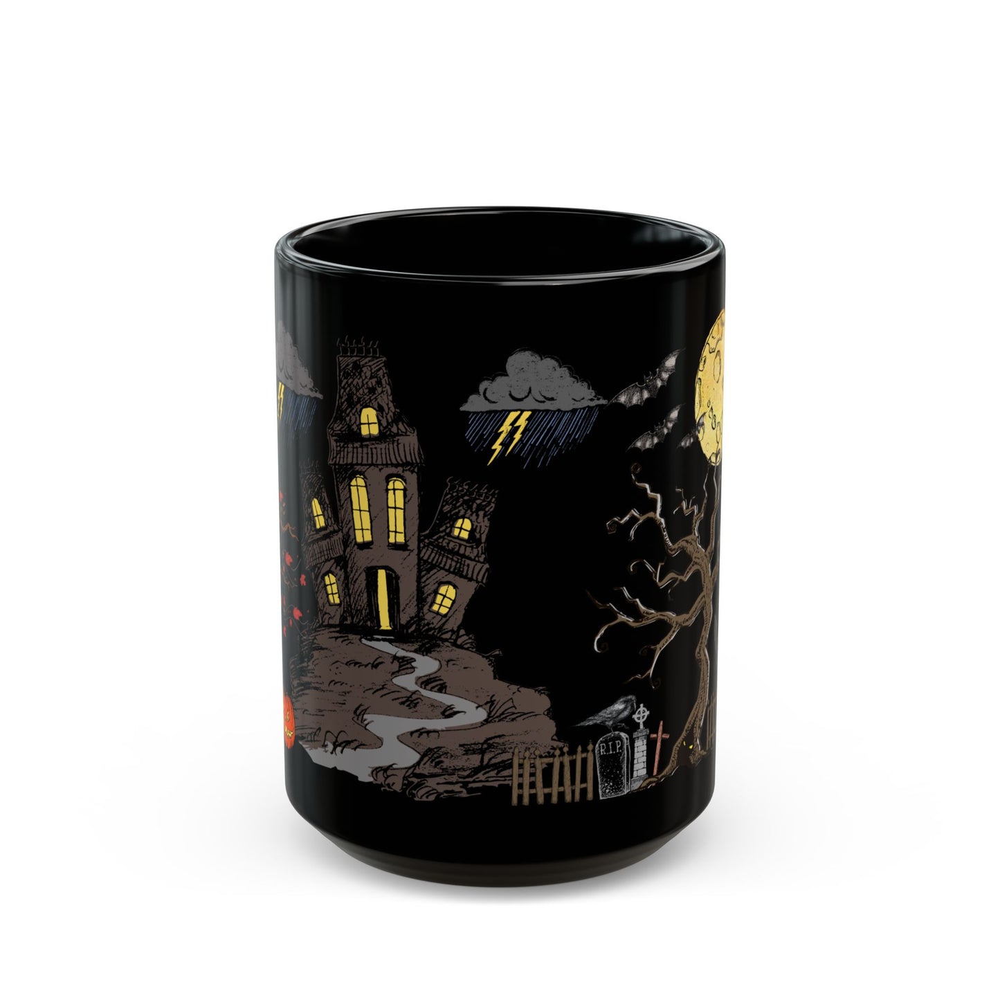 All Hallows Eve Black Coffee Mug (11oz & 15oz) - Spooky Design with Haunted House, Ghost & Moon