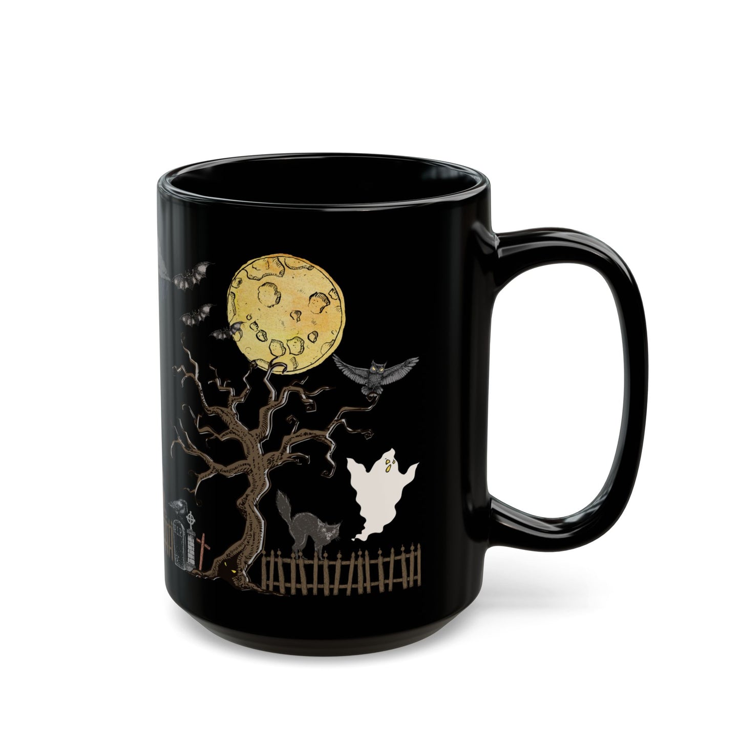 All Hallows Eve Black Coffee Mug (11oz & 15oz) - Spooky Design with Haunted House, Ghost & Moon