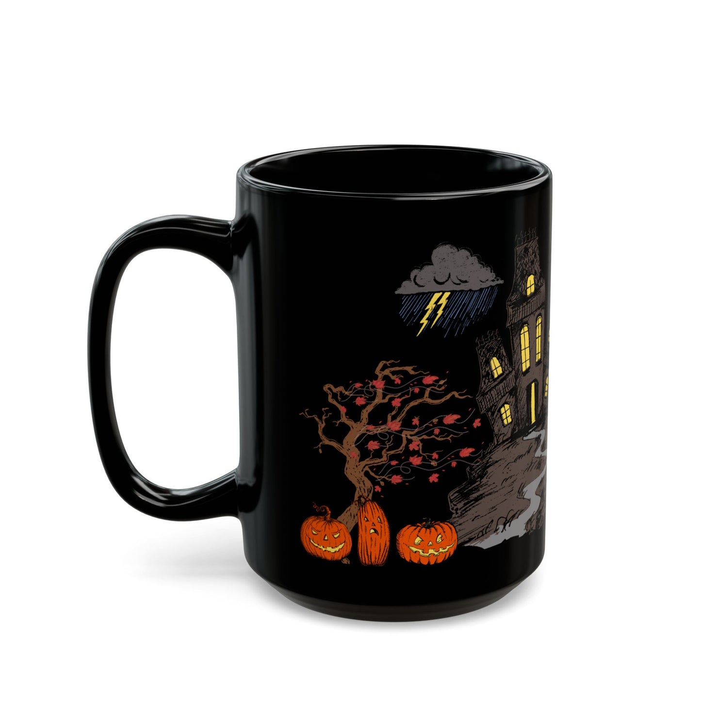 All Hallows Eve Black Coffee Mug (11oz & 15oz) - Spooky Design with Haunted House, Ghost & Moon