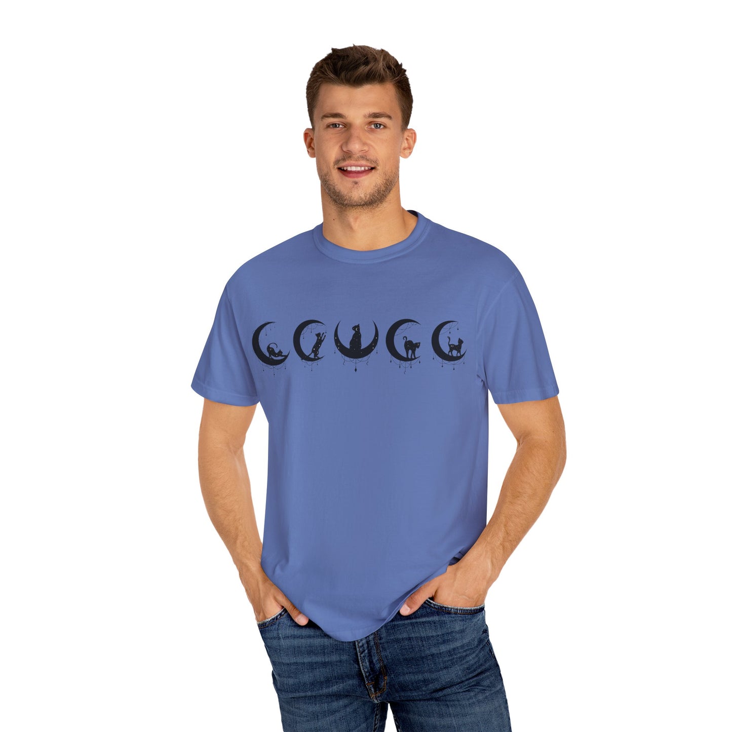Celestial Cat T-Shirt, Unisex Tee, Bohemian Style, Gift for Cat Lovers, Casual Wear, Moon Phases Design