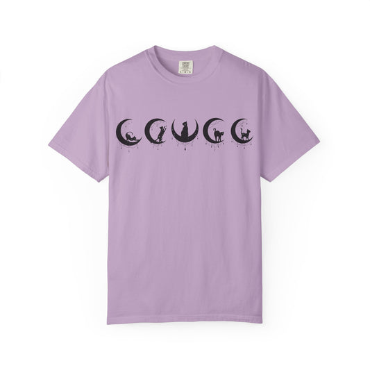 Celestial Cat T-Shirt, Unisex Tee, Bohemian Style, Gift for Cat Lovers, Casual Wear, Moon Phases Design