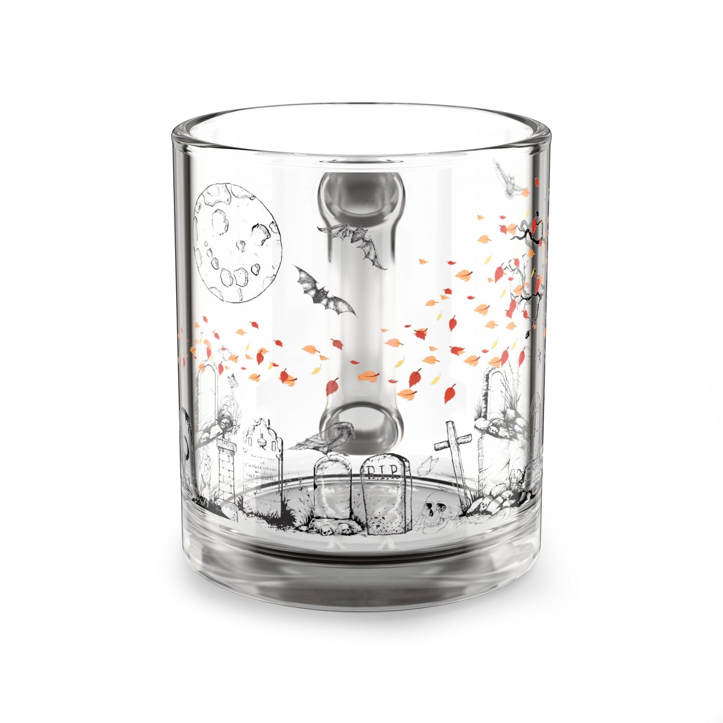 Night At The Cemetery 10oz Glass Mug with Autumn Leaves Design