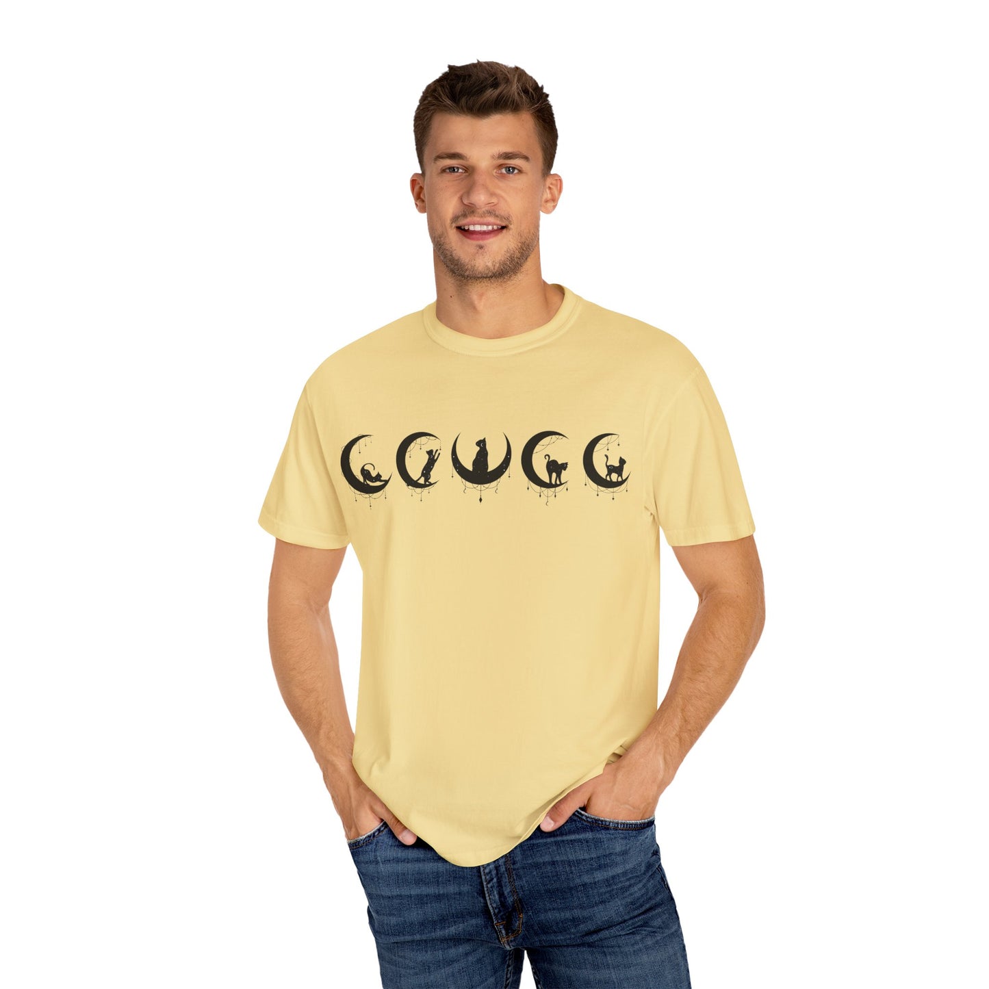 Celestial Cat T-Shirt, Unisex Tee, Bohemian Style, Gift for Cat Lovers, Casual Wear, Moon Phases Design