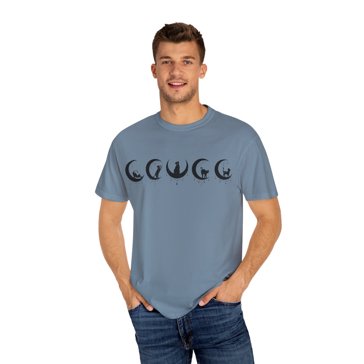 Celestial Cat T-Shirt, Unisex Tee, Bohemian Style, Gift for Cat Lovers, Casual Wear, Moon Phases Design