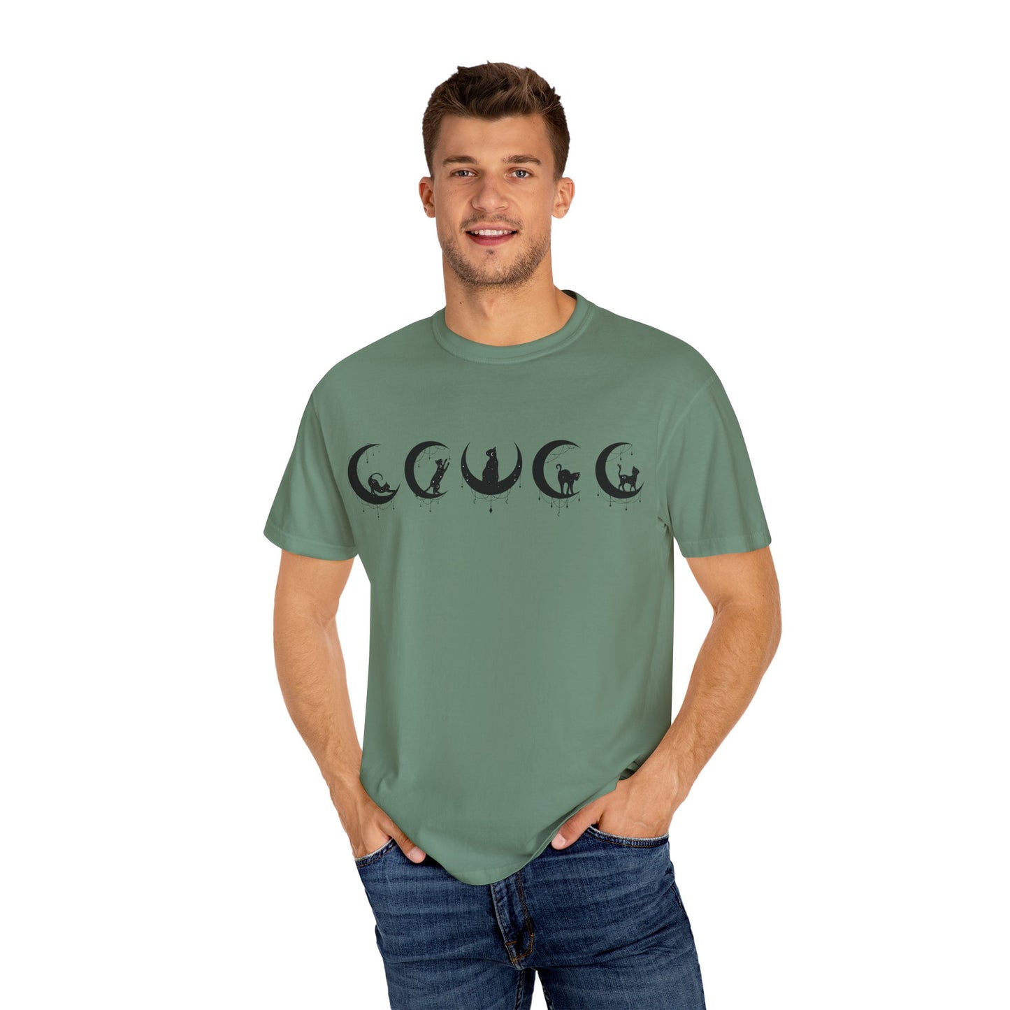 Celestial Cat T-Shirt, Unisex Tee, Bohemian Style, Gift for Cat Lovers, Casual Wear, Moon Phases Design