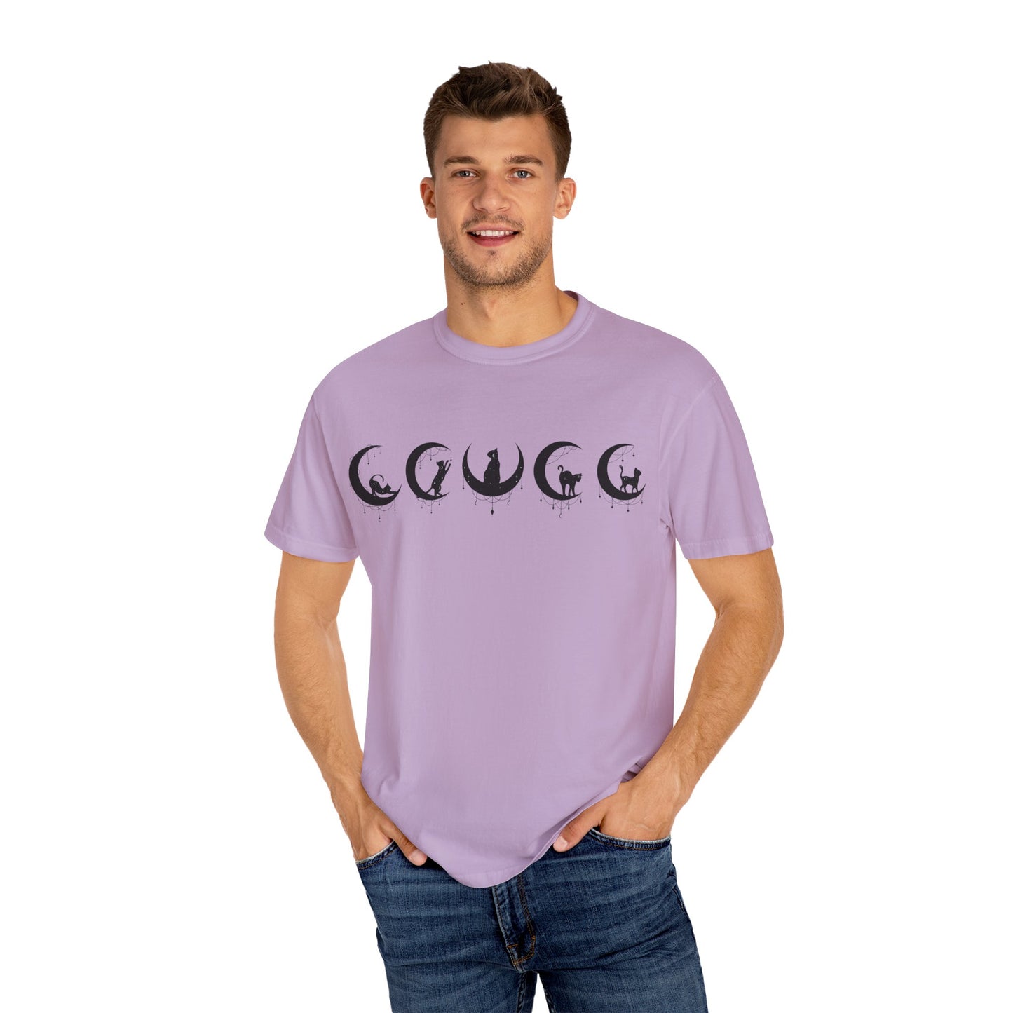 Celestial Cat T-Shirt, Unisex Tee, Bohemian Style, Gift for Cat Lovers, Casual Wear, Moon Phases Design