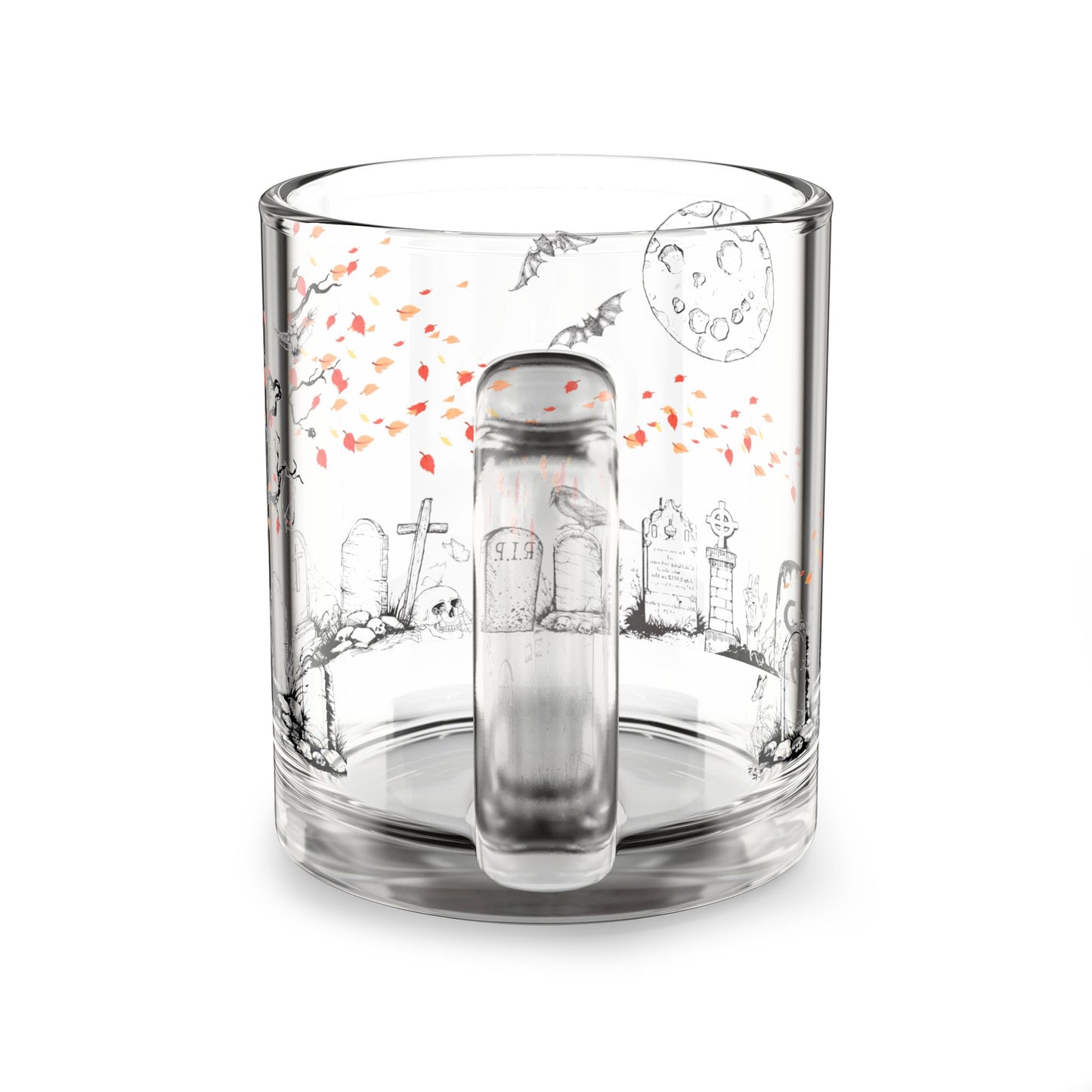 Night At The Cemetery 10oz Glass Mug with Autumn Leaves Design