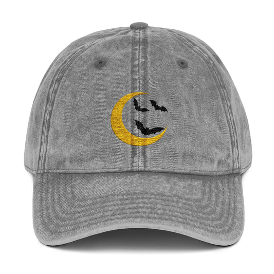 Embroidered Vintage Cap - Crescent Moon and Bats Design