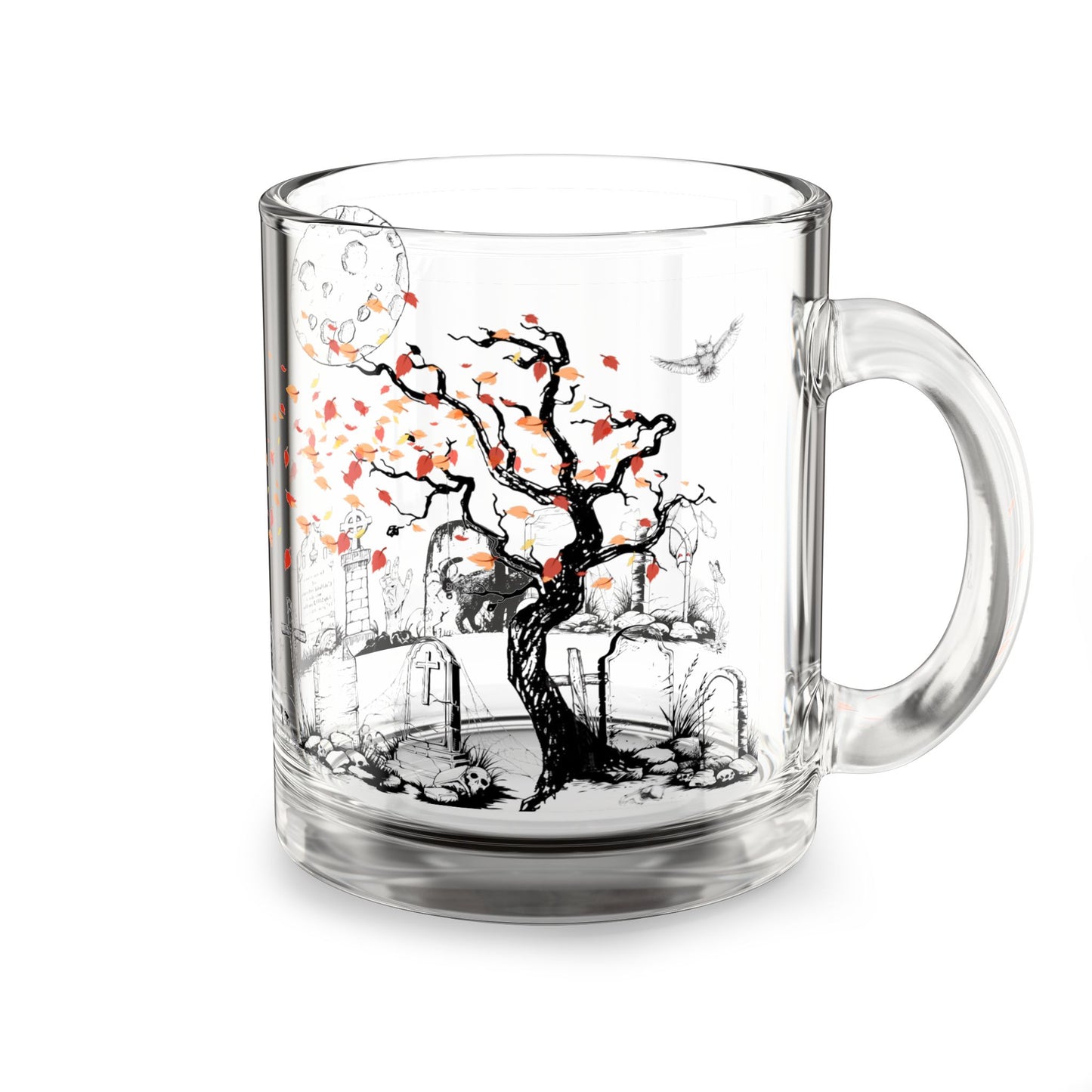 Night At The Cemetery 10oz Glass Mug with Autumn Leaves Design