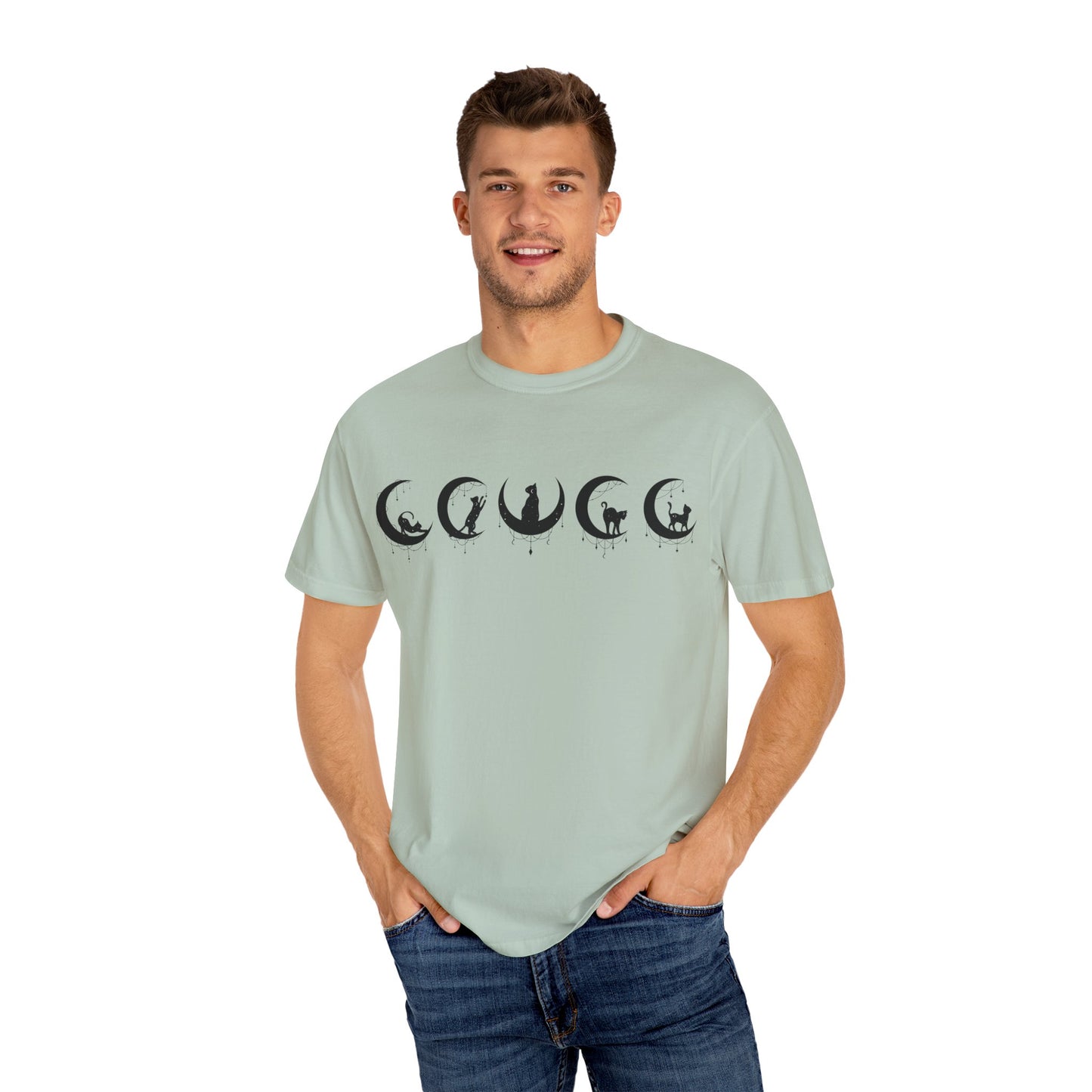 Celestial Cat T-Shirt, Unisex Tee, Bohemian Style, Gift for Cat Lovers, Casual Wear, Moon Phases Design