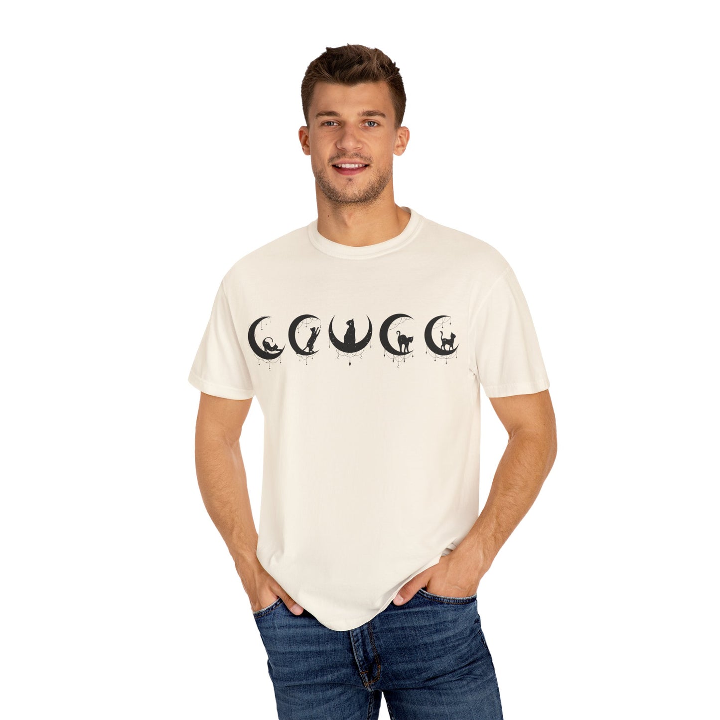 Celestial Cat T-Shirt, Unisex Tee, Bohemian Style, Gift for Cat Lovers, Casual Wear, Moon Phases Design