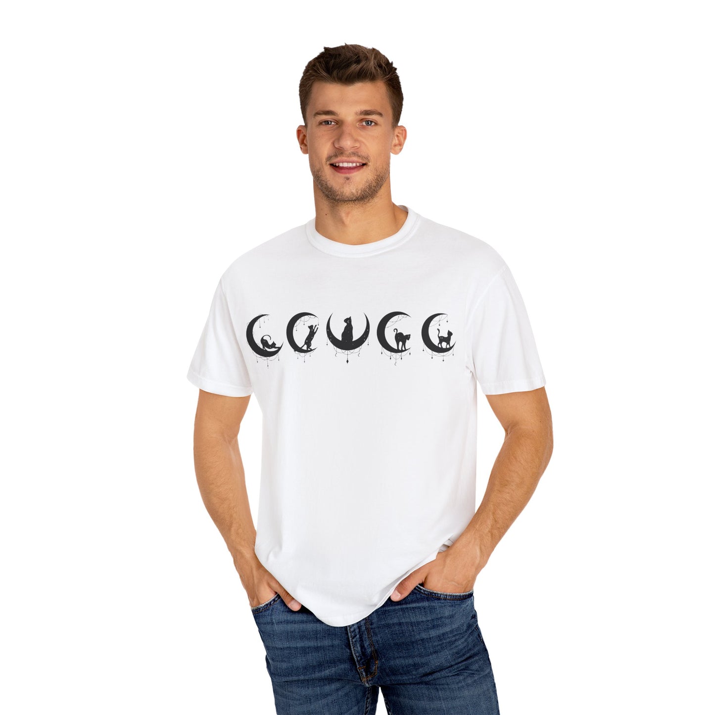 Celestial Cat T-Shirt, Unisex Tee, Bohemian Style, Gift for Cat Lovers, Casual Wear, Moon Phases Design