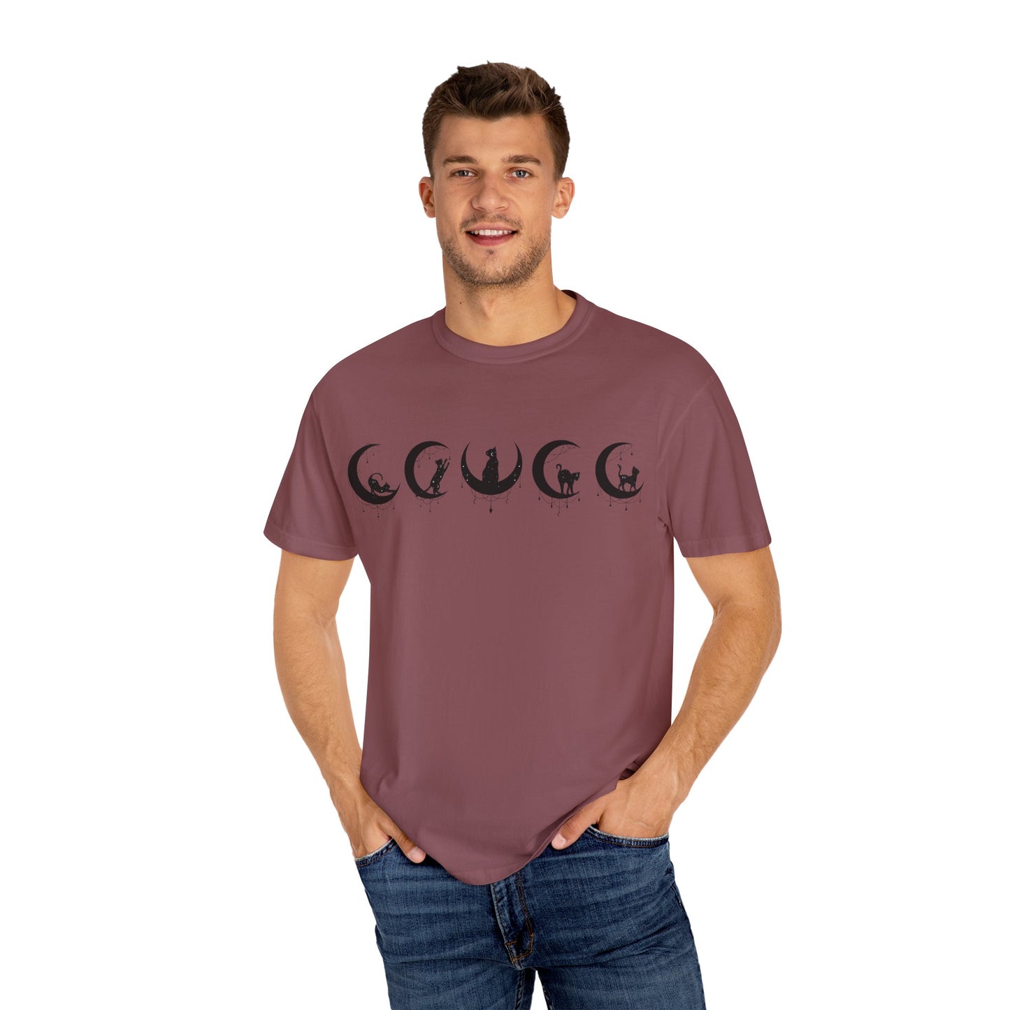 Celestial Cat T-Shirt, Unisex Tee, Bohemian Style, Gift for Cat Lovers, Casual Wear, Moon Phases Design