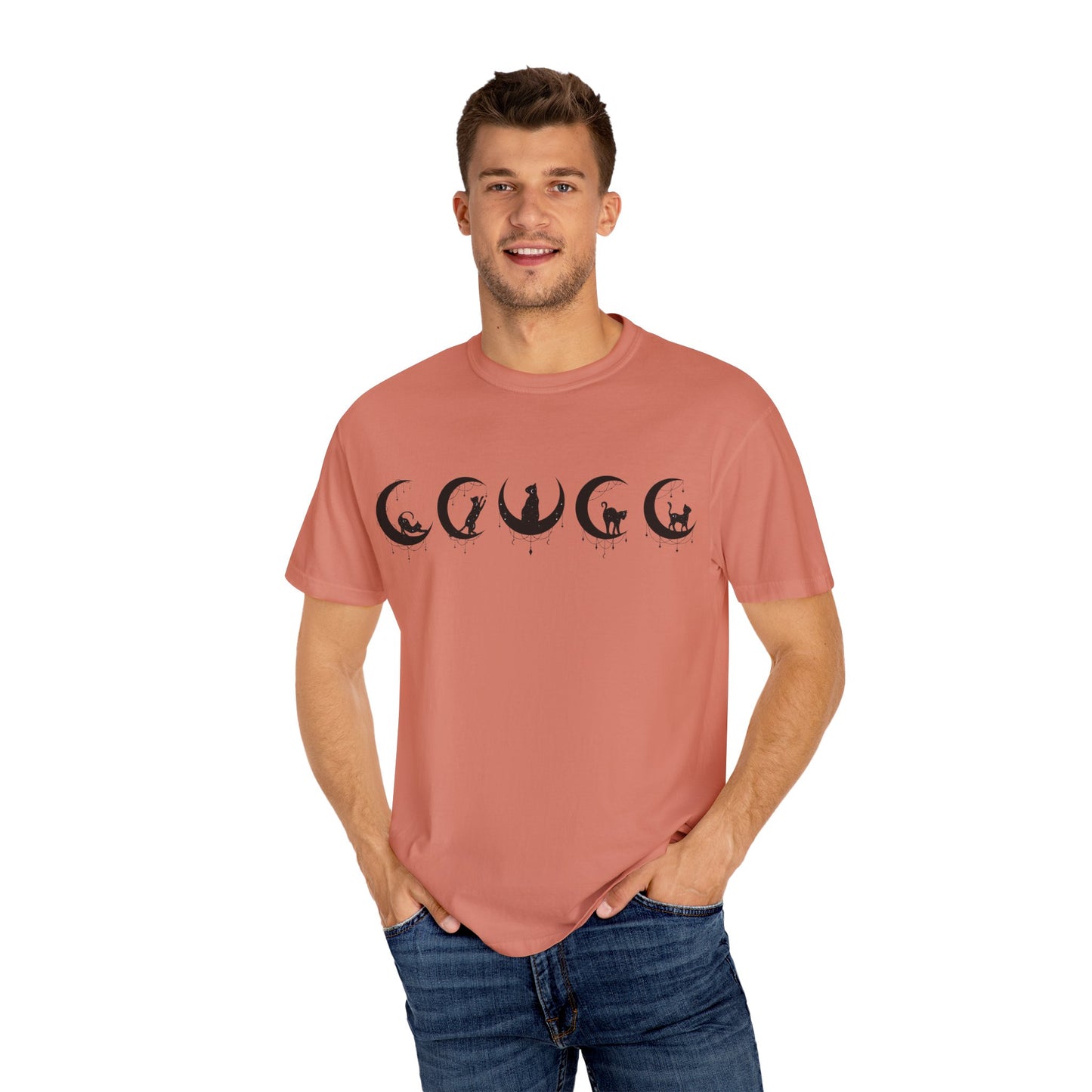 Celestial Cat T-Shirt, Unisex Tee, Bohemian Style, Gift for Cat Lovers, Casual Wear, Moon Phases Design