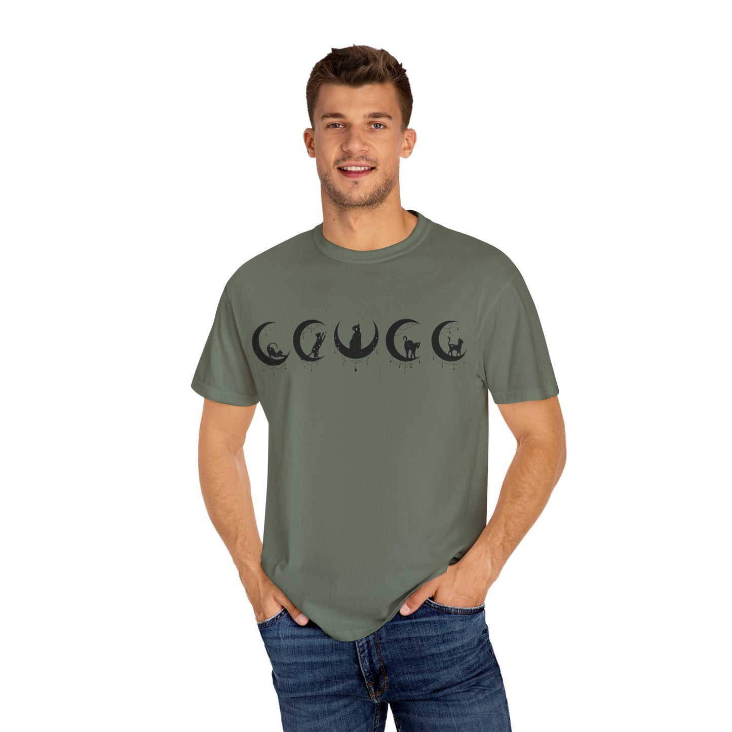 Celestial Cat T-Shirt, Unisex Tee, Bohemian Style, Gift for Cat Lovers, Casual Wear, Moon Phases Design