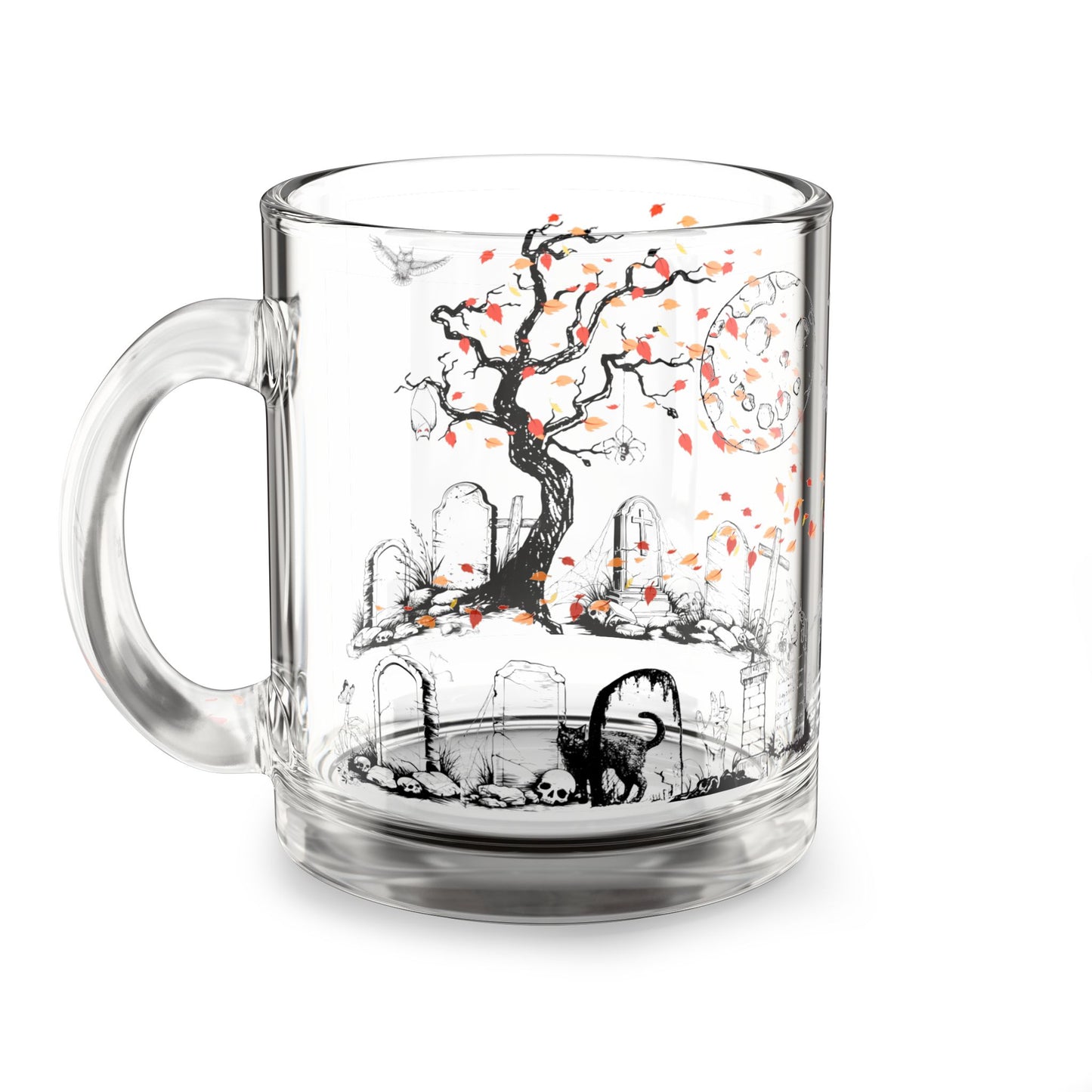 Night At The Cemetery 10oz Glass Mug with Autumn Leaves Design