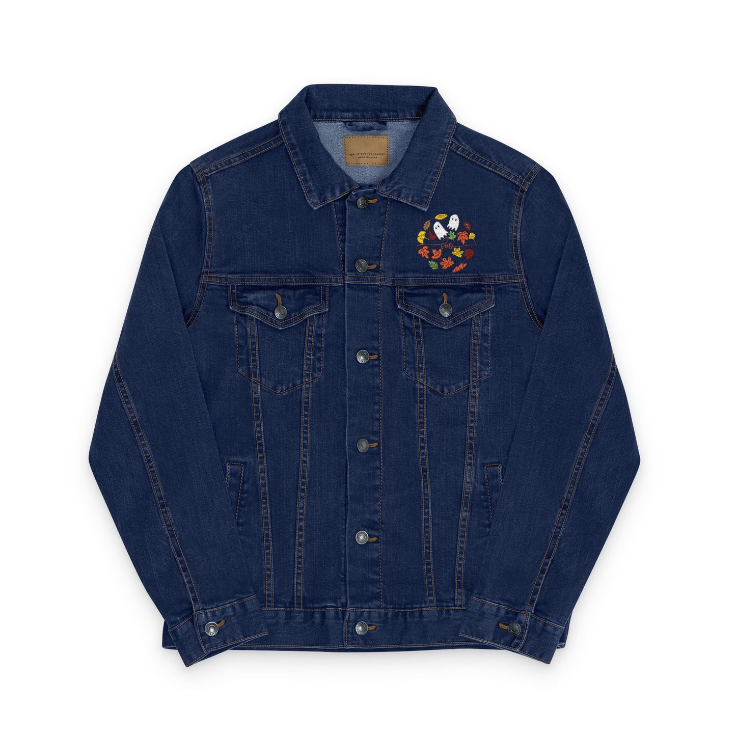Denim Jacket - Autumn Ghost Boo Embroidered Unisex Outerwear